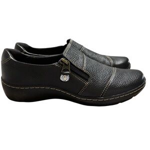 Clarks Cora Harbor Women’s 7 Leather Comfort Shoes Black Side Zip Slip On NEW